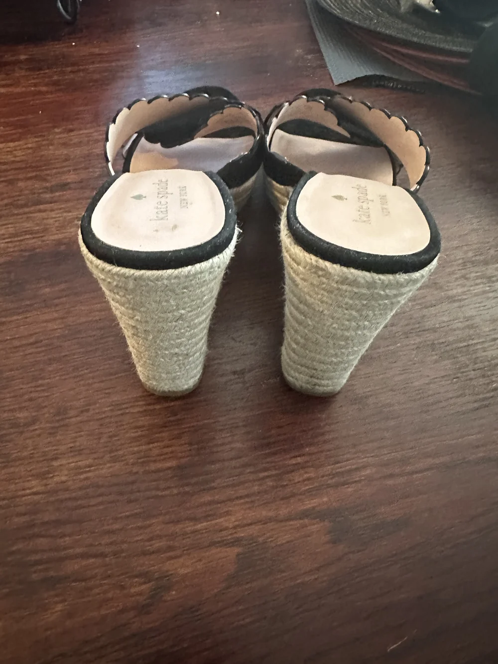 kate spade Black Scalloped Espadrille Wedge Sandals